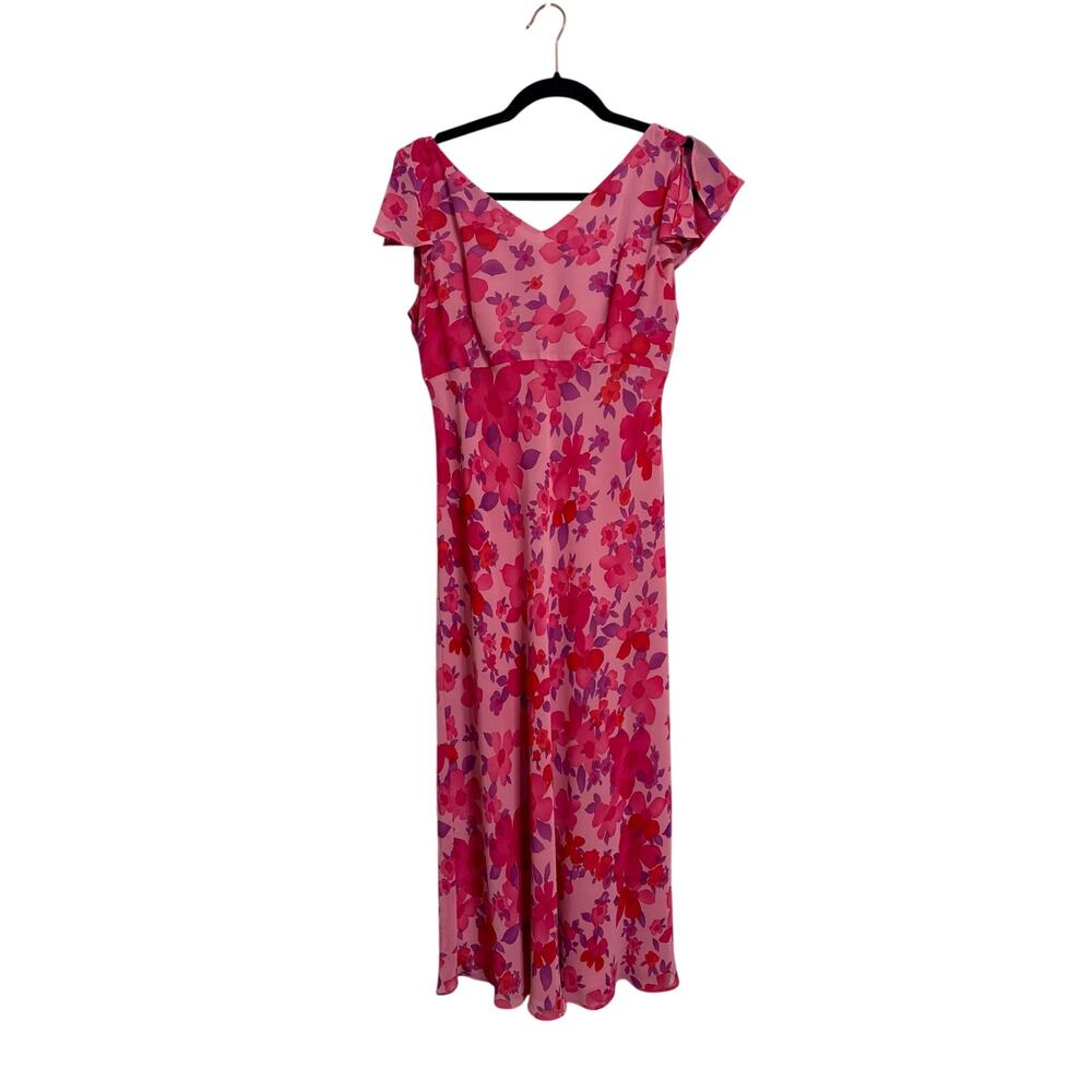 Ann Taylor LOFT Pink Floral Cap Sleeve Midi V-neck Dress | 4